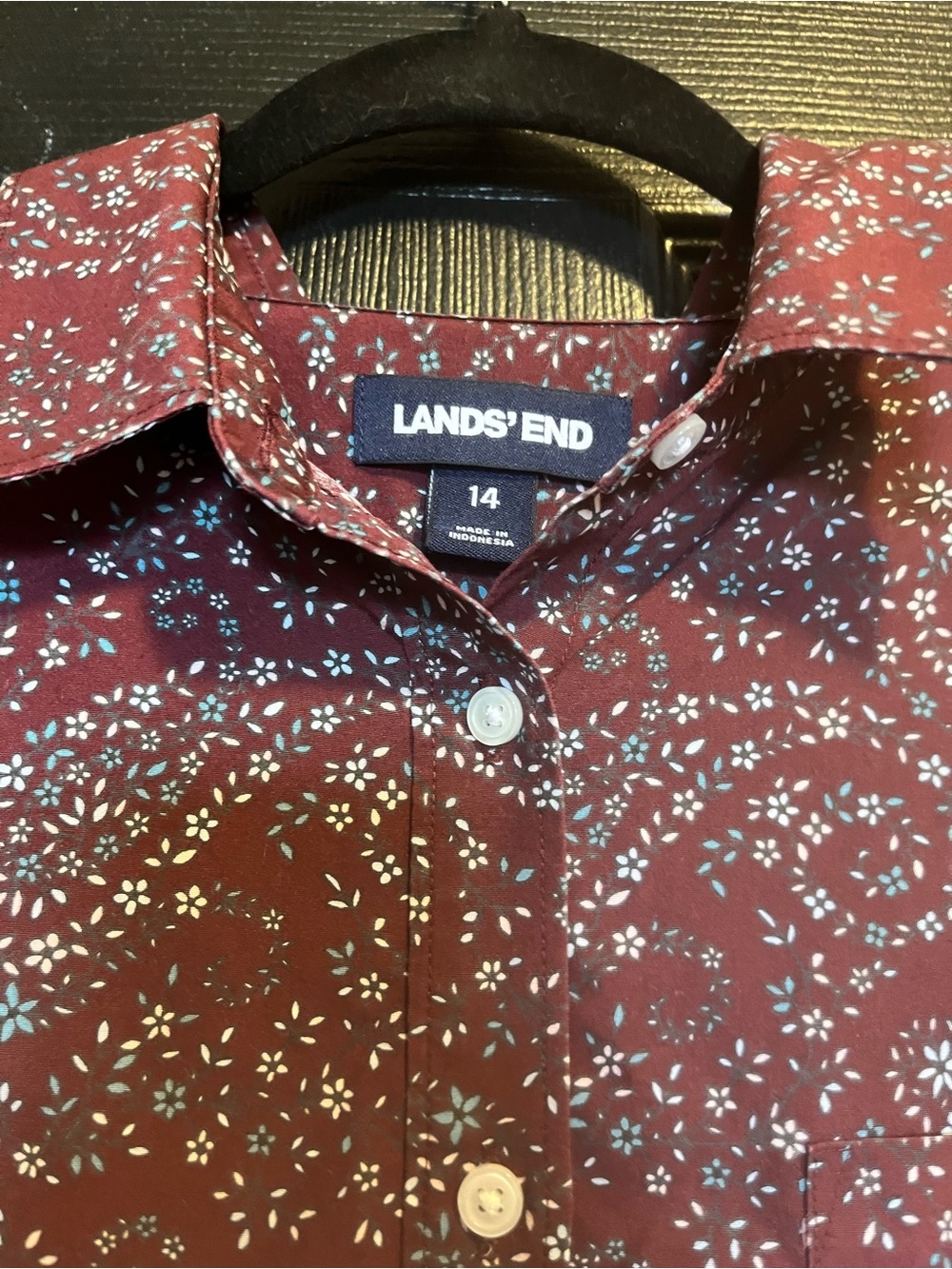 Lands' End Burgundy Floral Button-Down Shirt